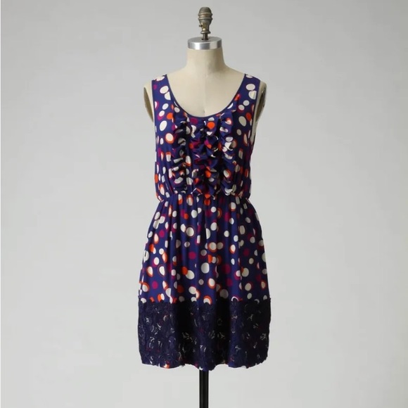 Moulinette Soeurs Silk Navy Polka Dot Ruffle Crochet Lace Dress - Picture 3 of 12